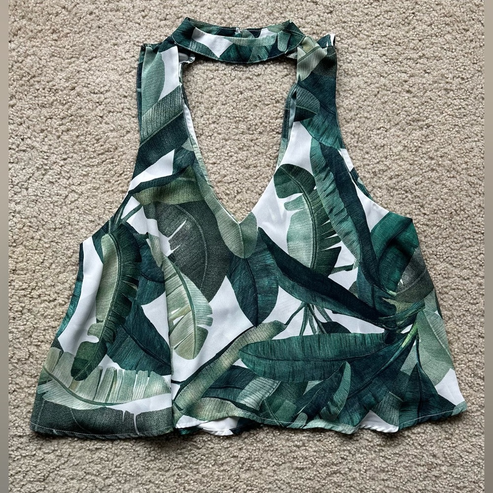 Show Me Your MuMu Tropical Leaf Print V-Neck Flowy Halter Neck Tank Top
